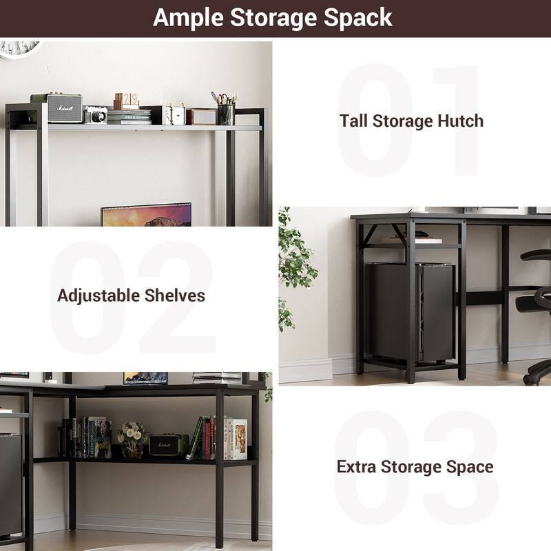 Modern Farmhouse L Shaped Computer Desk with Hutch and Storage Shelves, Corner Gaming Table with LED Lights