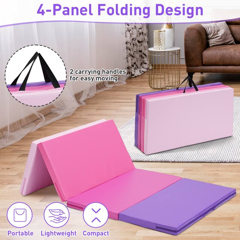 Zenova Gymnastics Mat 6' x 3' x 2" Four Fold Folding Exercise Mat with Carrying Handles - Purple