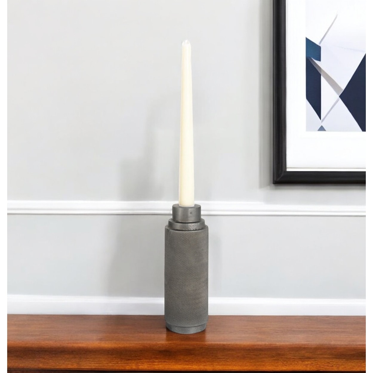 7" Gray Distressed Aluminum Geometric Tabletop Taper Candle Holder