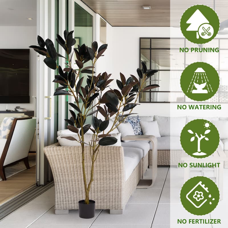 5.9FT Tall Artificial Rubber Tree, Faux Rubber Plant in Pot, Fake Greenery Floor Plant for Home Living Room