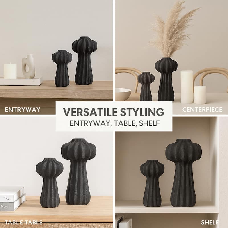 Aria Home Black Ceramic Cactus Inspired Vases Set of Two Modern Decor