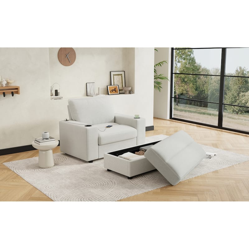 Roomfitters Oversized Chaise Lounge Chair with Storage Ottoman and Built-in USB Charging Port, Corduroy Sleeper Couch