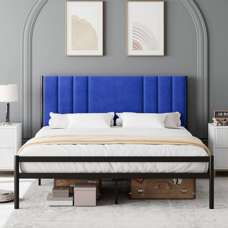 Bed Frame with Velvet Headboard 15 Strong Slats Support