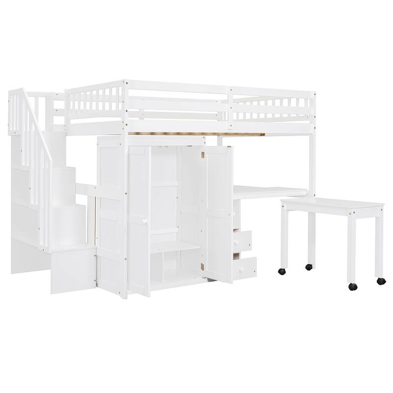Multifunctional Full Size Loft Bed with Stairs, Bookshelf, Drawers, Desk & Wardrobe - White