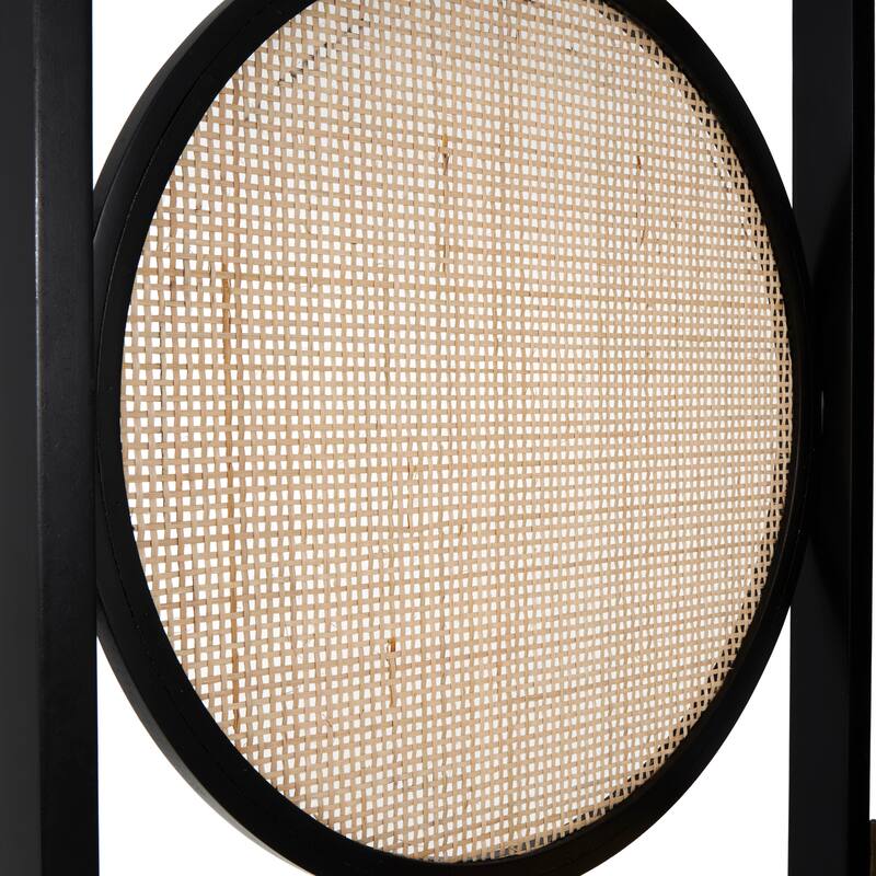 Black Wooden Handmade Arched Foldable 3 Panel Geometric Partition Room Divider Screen with Woven Circular Cutouts