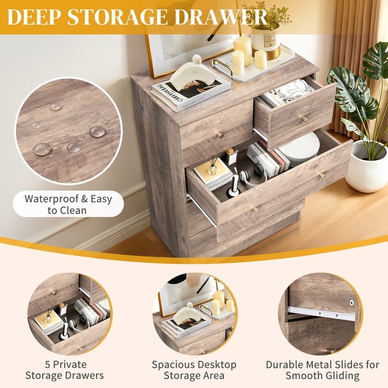 5-Drawer Dresser For Bedroom And Chest Of Drawers With Sturdy Construction Wood Storage Organizer For Closet