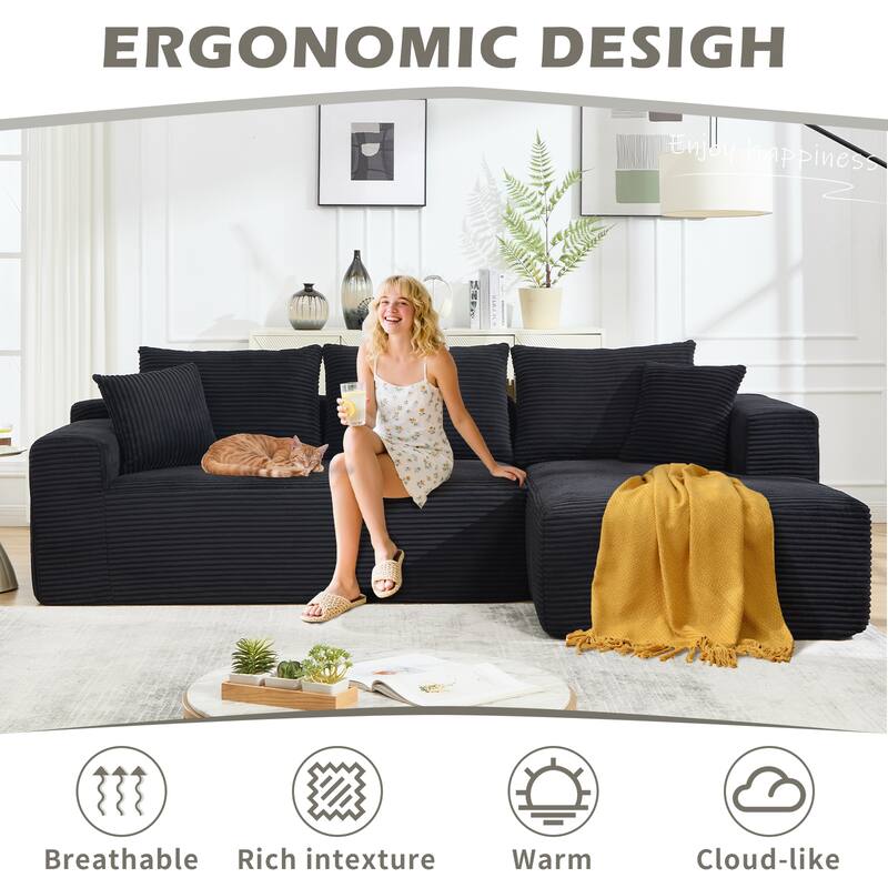 Modular Sectional Cloud Sofa with L-Shape Chaise, Oversized Corduroy Upholstered Boneless Sofa, Corner Sofa with Deep Seat - Black