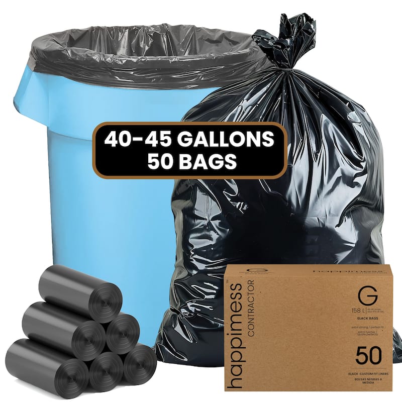 happimess 42-Gallon (159L) 3 Mil Heavy Duty Contractor Trash Bags, (50-Count, 5-Rolls of 10 Bags) - Black - 42