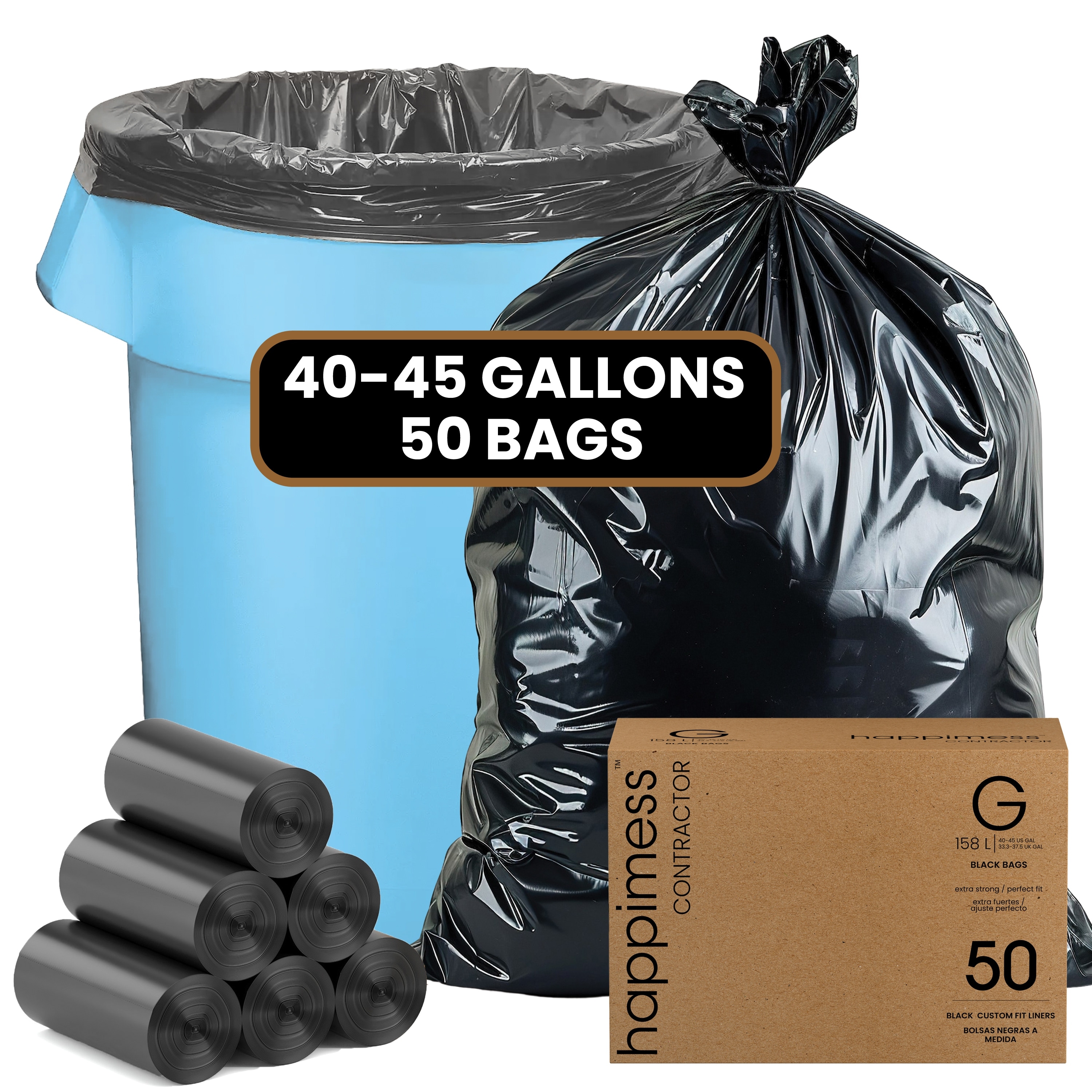 happimess 42-Gallon (159L) 3 Mil Heavy Duty Contractor Trash Bags, (50-Count, 5-Rolls of 10 Bags)