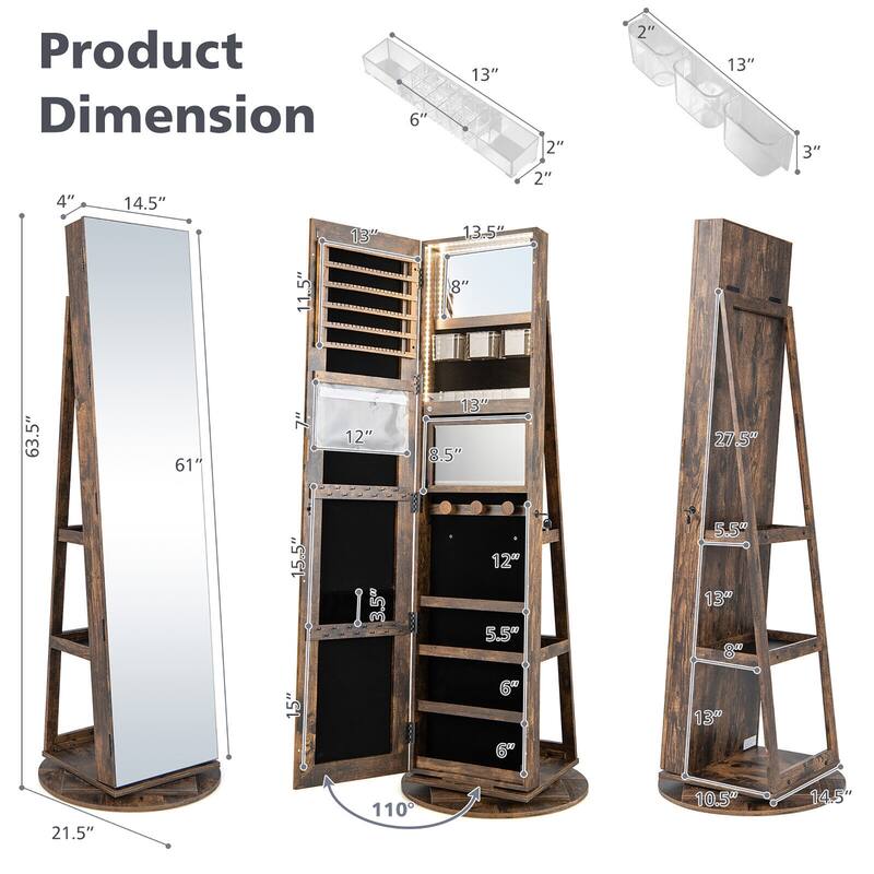 Gymax Rotating Mirrored Jewelry Cabinet with Mirror Storage Shelves