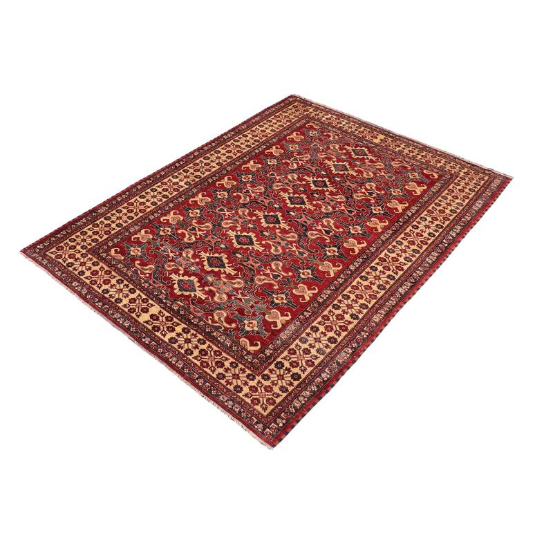 Caucasian Super Kazak Raiden Red/Beige Hand Knotted Wool Rug - 7'8'' x 11'2''