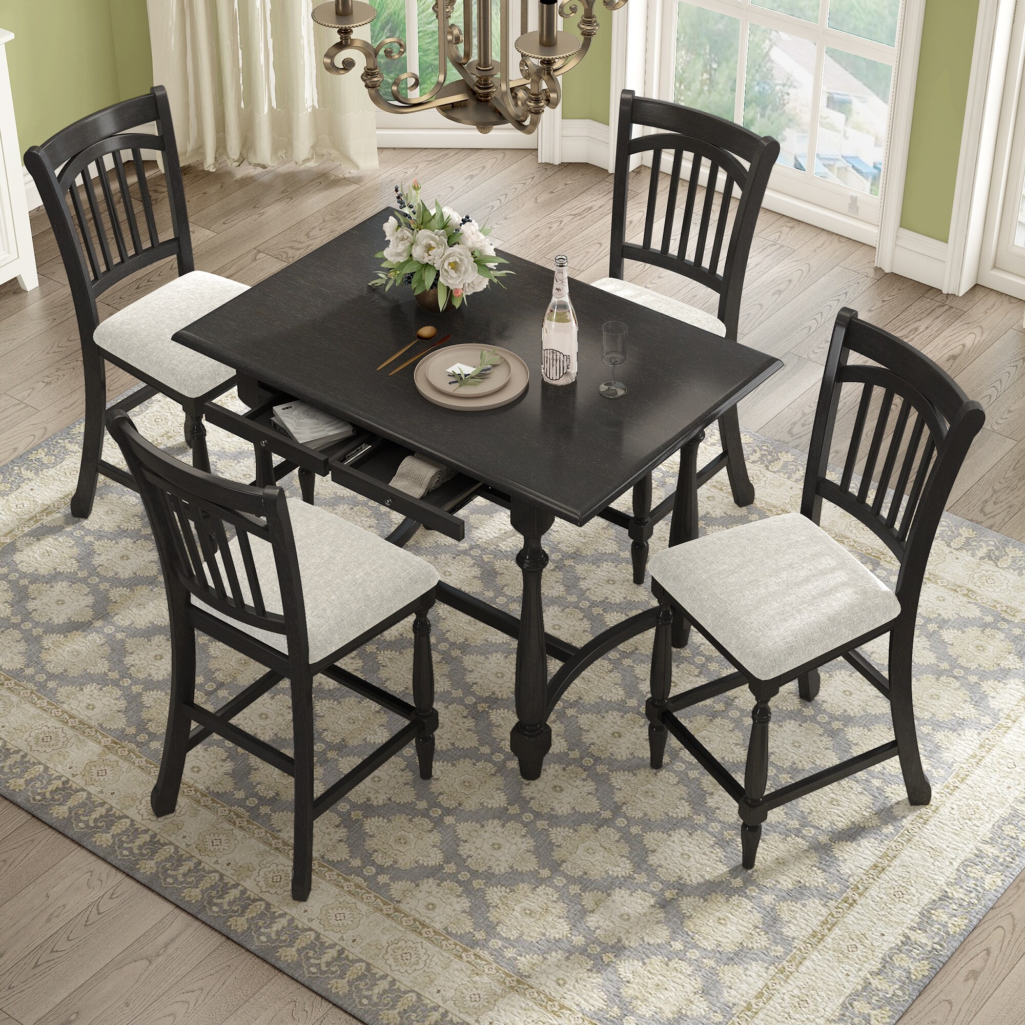 Mid Century 5 Piece Wood Dining Table Set Counter Height Kitchen