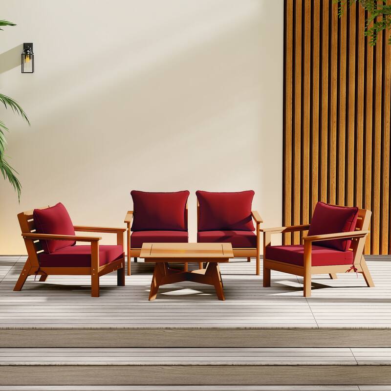 Birchwood All Weather HDPE Outdoor Patio Teak Deep Seating Conversation Set (5-Piece Set) - Teak/Red