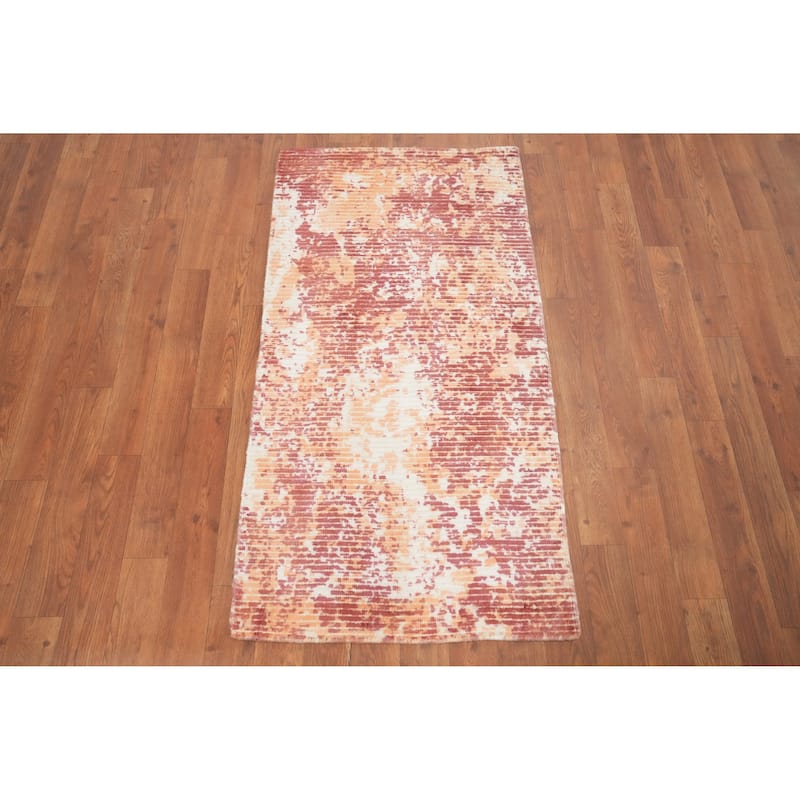 Hand Knotted Oriental Viscose Silk Carpet Modern All-Over Oranges & Rust Abstract Area Rug - 4' 0'' X 2' 0''