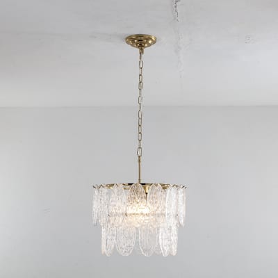 15.7" 2-Light Modern Luxury Gold Handmade Clear Textured Leaf-Shaped Glass Tiered Chandelier for Living Room, Dining Room