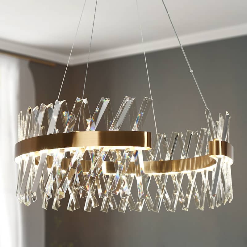 Modern 2-Light LED Crystal Chandelier Gold Luxury Drum Light for Dining Living Room - D23.2" x H9.4"