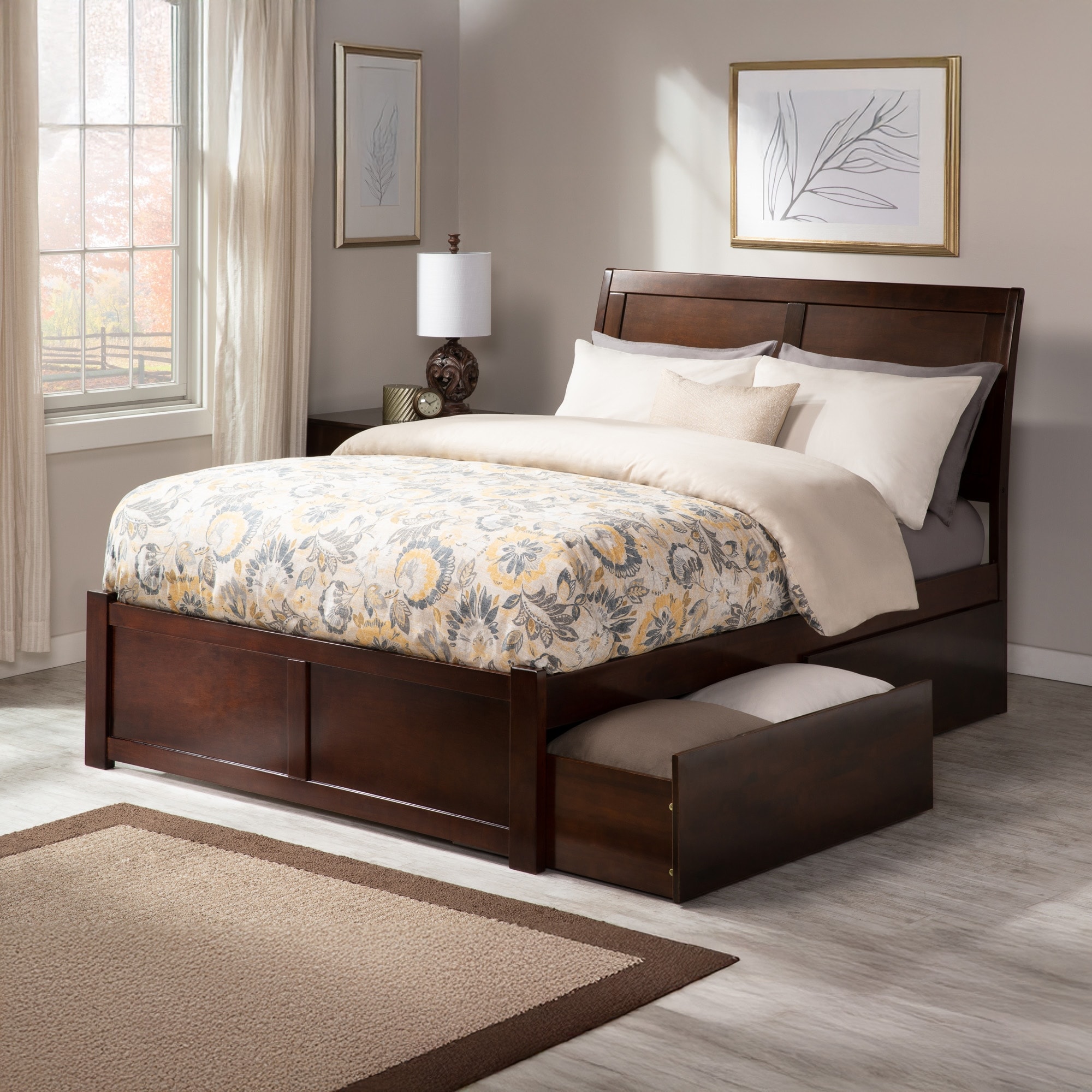 Portland Queen Platform Bed with Footboard & 2 Storage Drawers in Walnut