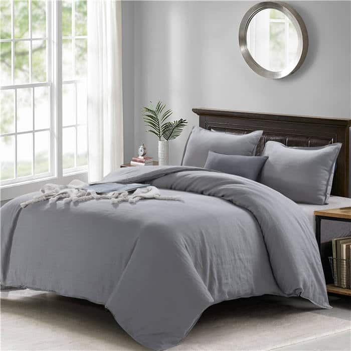 WHOLINENS Stone Washed Linen Duvet Cover with Pillow Shams 3Pcs Set - Grey - Queen