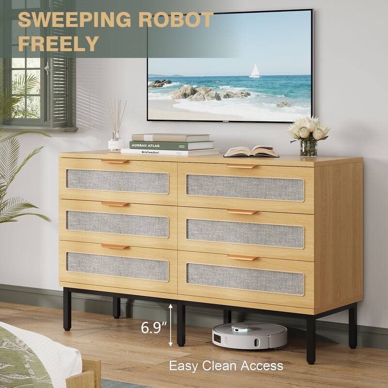 Gymojoy 47" 6 Drawer Rattan Dresser for Bedroom, Boho Farmhouse Wood Chest of Drawers with Metal Handles, Closet Organizer