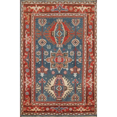 Blue Geometric Khotan Oriental Area Rug Hand-Knotted Wool Carpet - 4'2"x 6'1"
