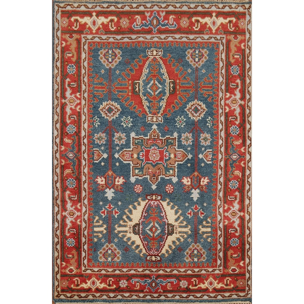 Blue Geometric Khotan Oriental Area Rug Hand-Knotted Wool Carpet - 4'2"x 6'1"