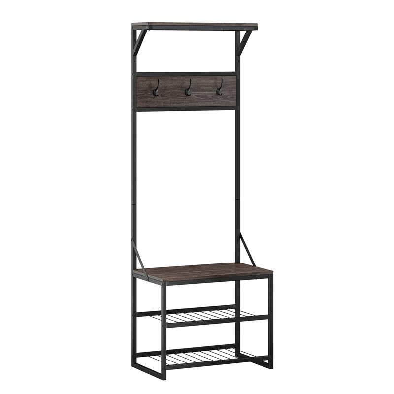 RiverRidge Afton Hall Tree Shoe Storage Organizer Cabinet, Hooks and Entryway Bench - Weathered Woodgrain and Metal Frame