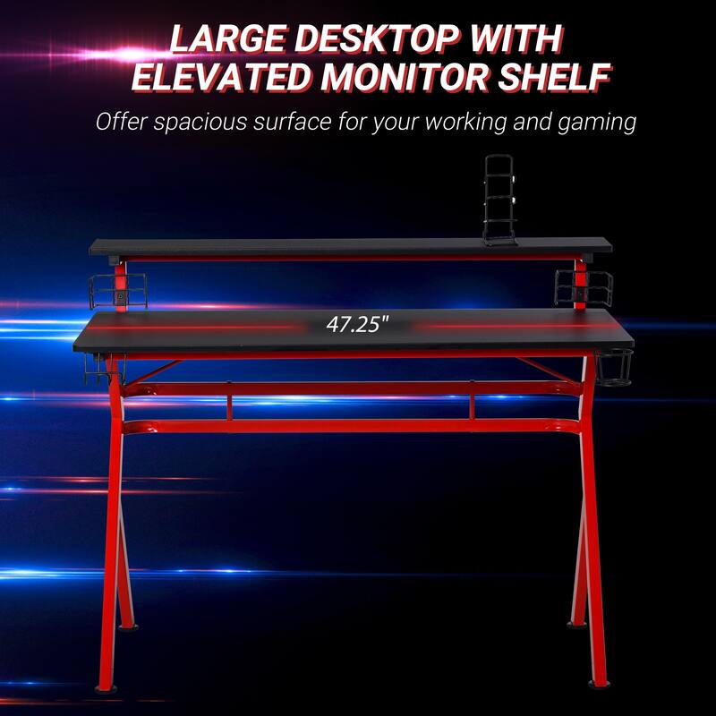 HOMCOM 47" Gaming Desk Computer Table for Home Office with Headphone Hook, Cup Holder, and Controller Rack, Red/Black