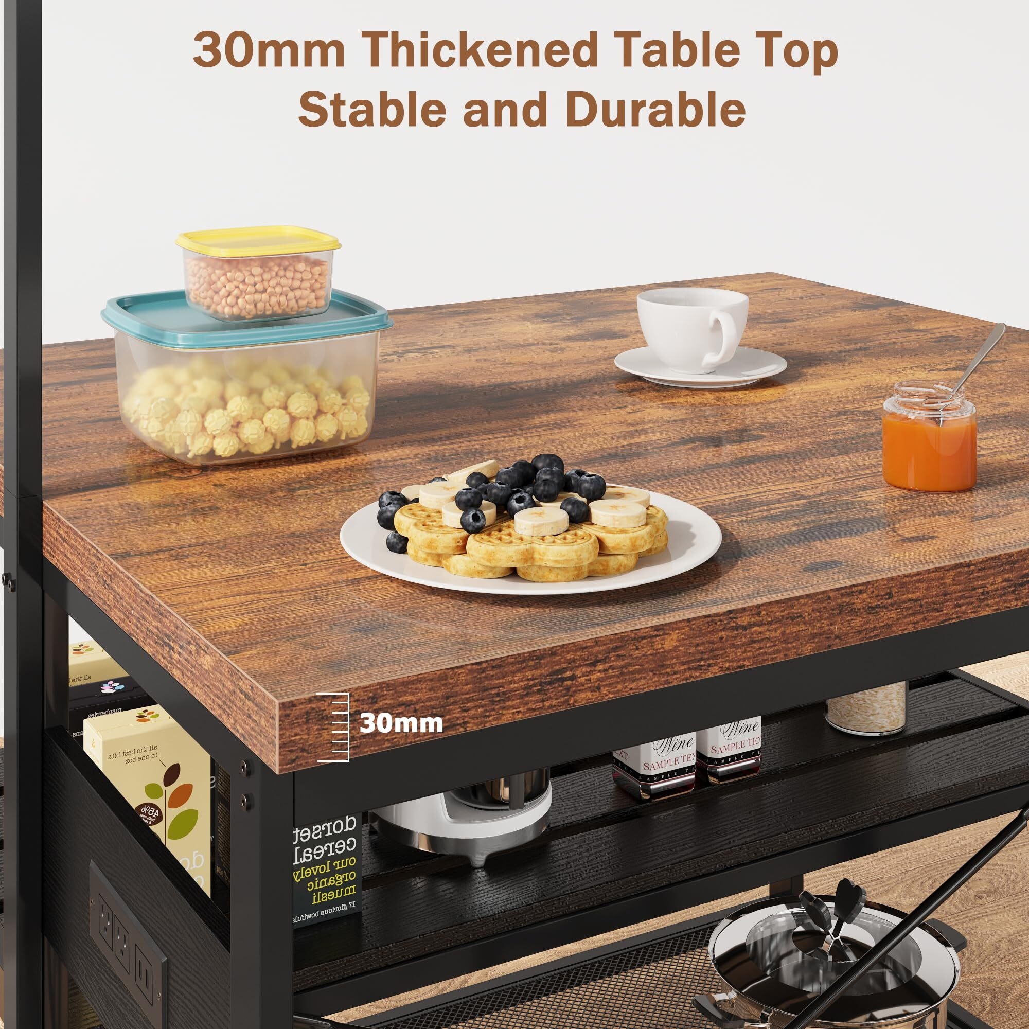 47 Large Kitchen Island Table Bakers Rack with Power Outlet and 3 Tier Storage