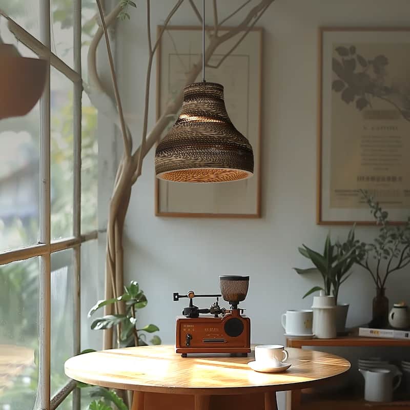 Matte Black Modern Nordic Style 1-Light Pendant Light with Natural Brown Origami Paper Shade