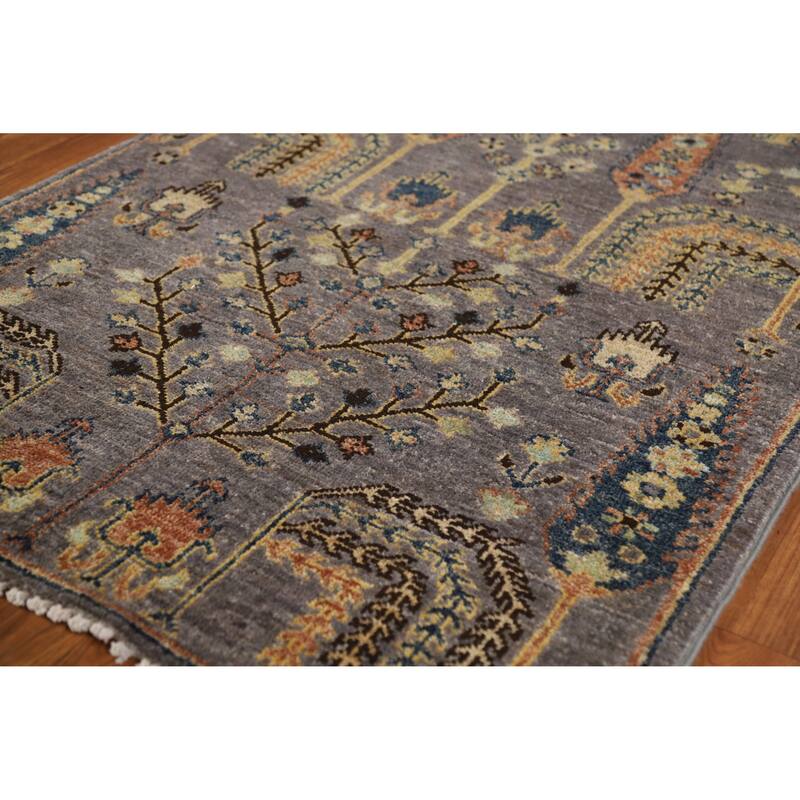 Hand Knotted Oriental 100% Wool Carpet Transitional Floral Greys & Charcoal Oushak Runner Rug - 9' 9'' X 2' 10''