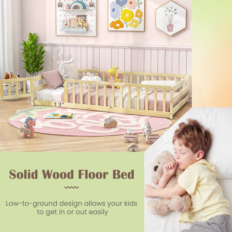Twin Size Kids Wood Montessori Floor Bed with Door and Fence
