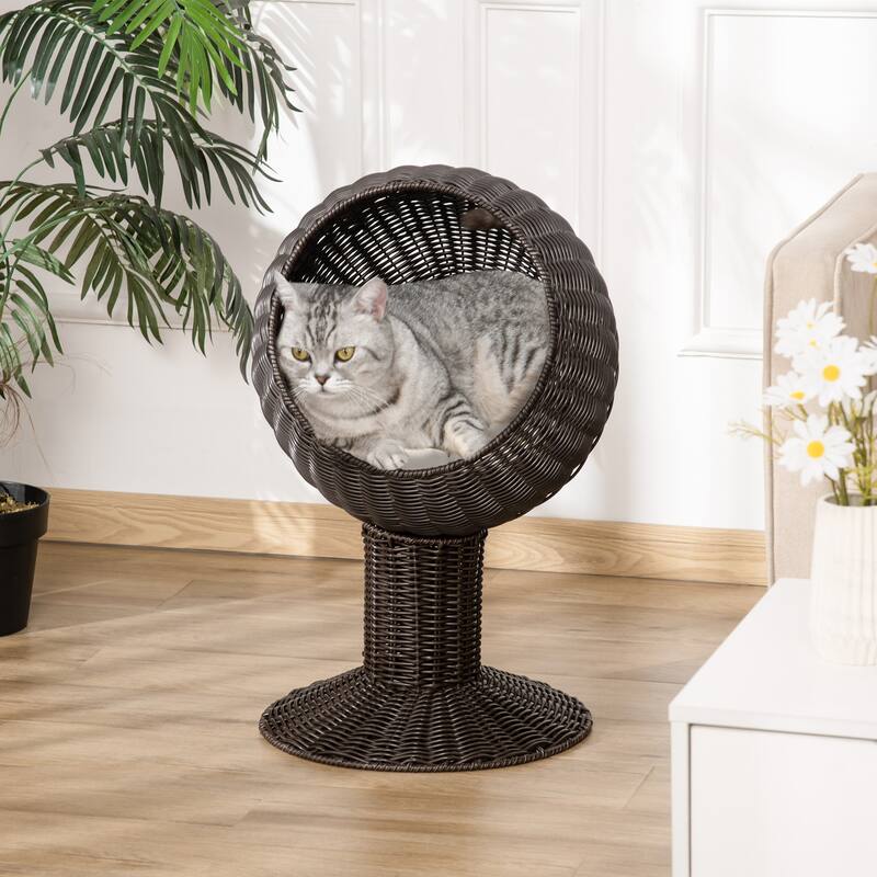 Pawhut Hooded Rattan Wicker Elevated Cat Bed - Coffee Brown