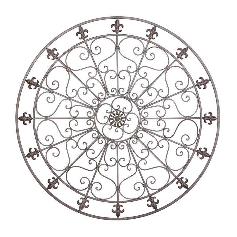 Metal Fleur De Lis Circle Home Wall Decor with Scrollwork - Black - Roche River Decor - Black