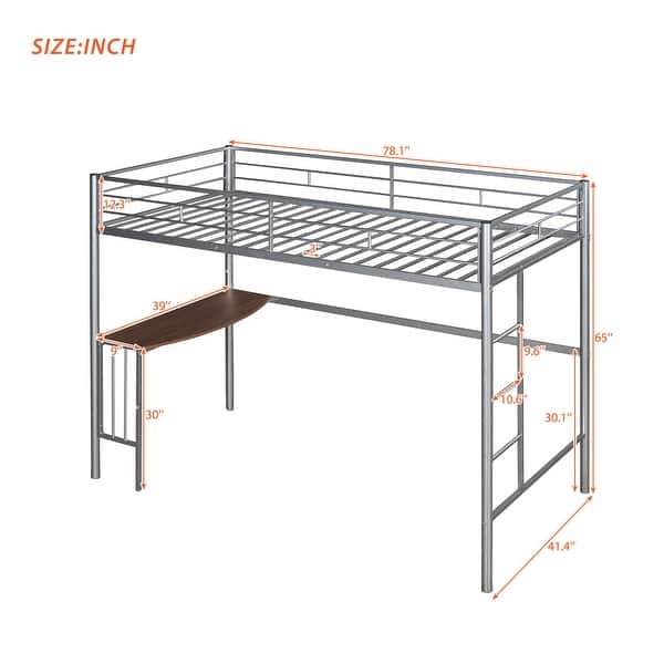 Silver Metal Loft Bed with Desk & Guardrails