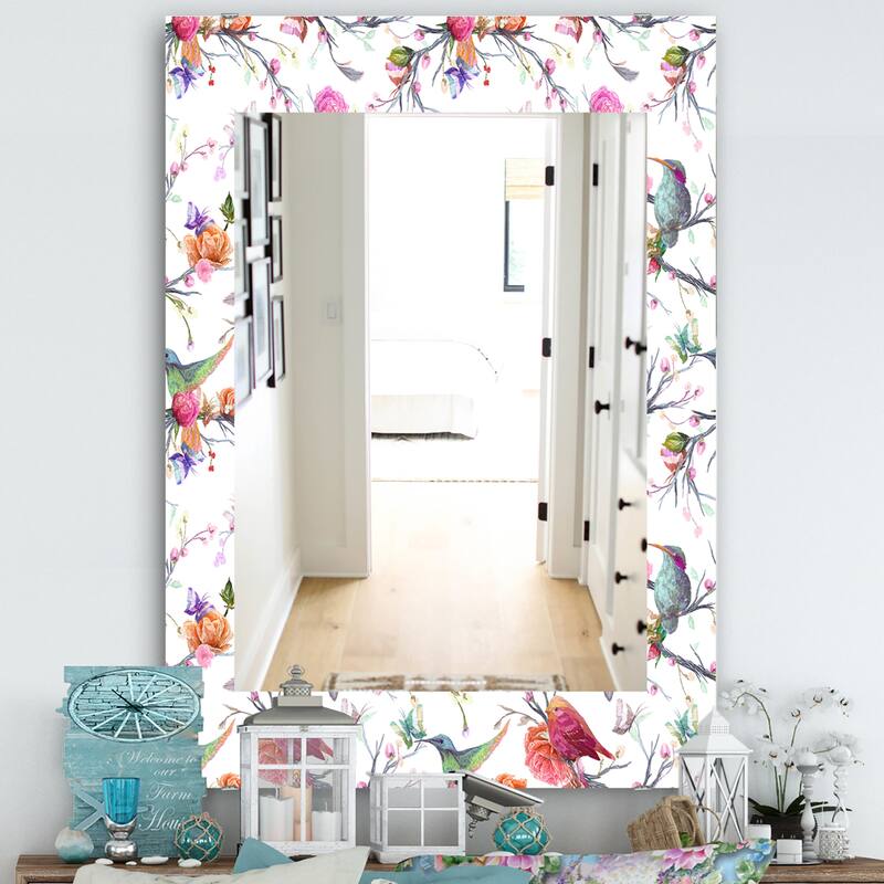 Designart 'Vintage Pattern: Bird, Flowers, Leaves' Farmhouse Mirror - Printed Wall Mirror