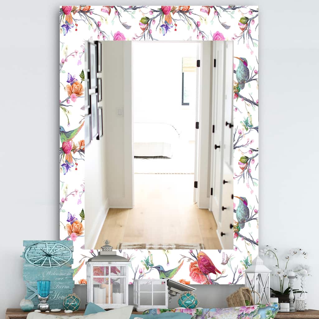 Designart 'Vintage Pattern: Bird, Flowers, Leaves' Farmhouse Mirror - Printed Wall Mirror