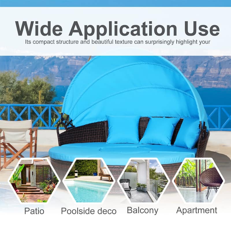Outsunny 4-piece Cushioned Outdoor Rattan Wicker Round Sunbed or Conversational Sofa Set with Sun Canopy