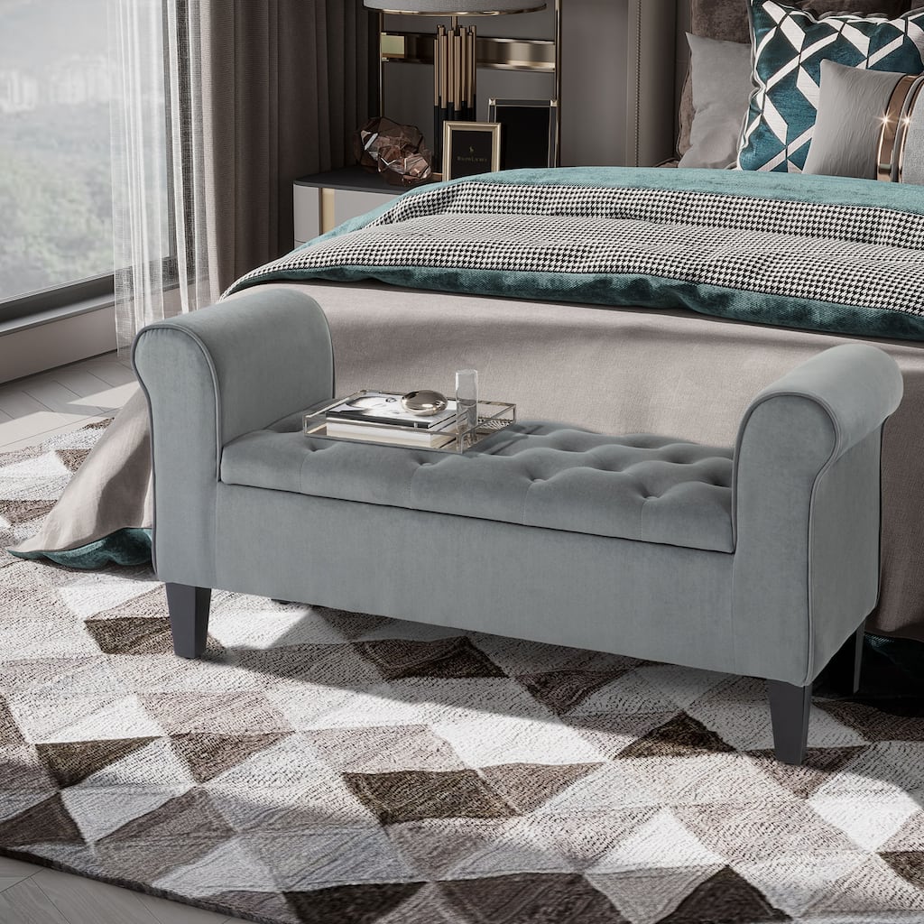 Entryway Footrest Bench with Tufted Buttons, Stylish Storage Bench Hallway Bench with Flapping Lid and Armrests