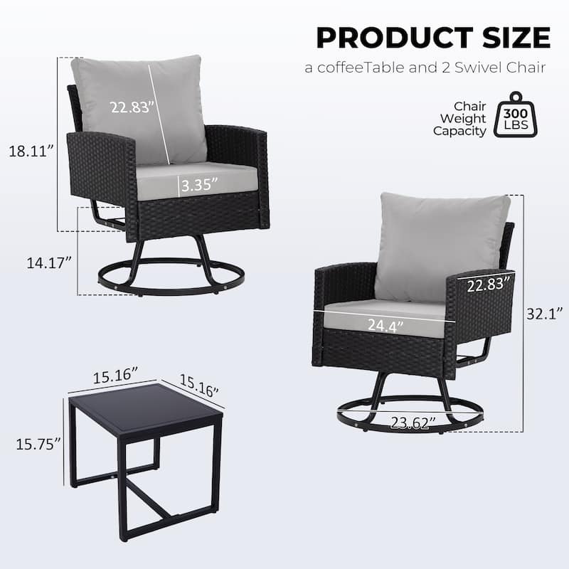 3-Piece Wicker Patio Furniture Set Rattan Swivel Chairs with Coffee Table, Outdoor Seating