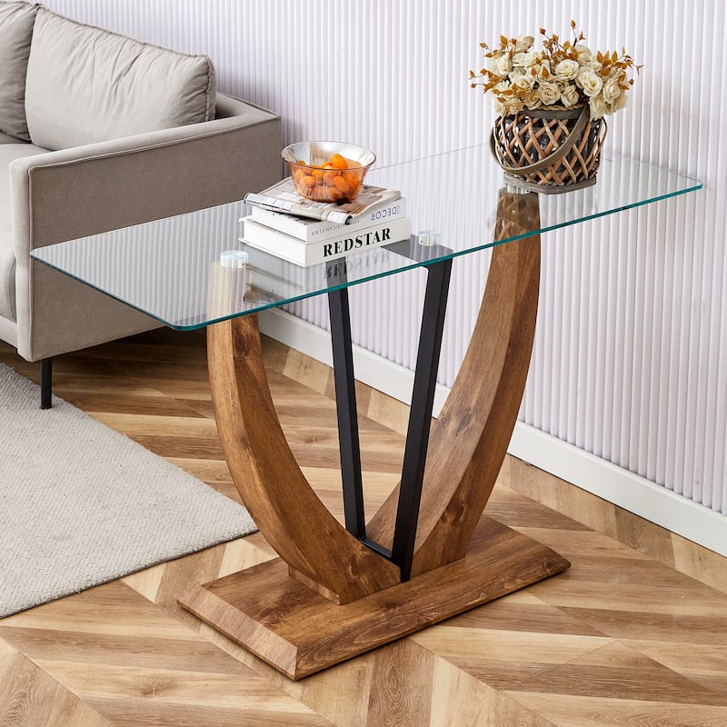 Modern minimalist rectangular glass table with 0.39 "tempered glass top and MDF wood grain sticker legs, suitable for en