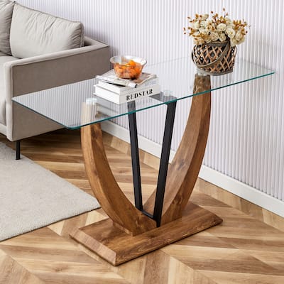 Modern minimalist rectangular glass table with tempered glass top and MDF wood grain sticker legs