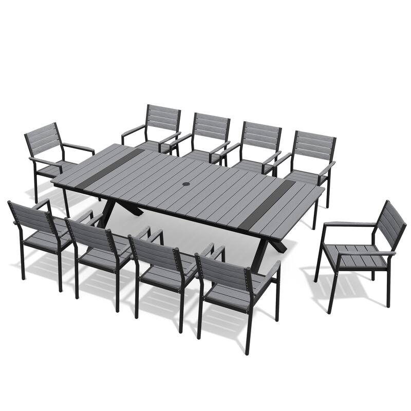11-Piece Set Outdoor Aluminum Rectangular Dining Table with Umbrella Hole and Stackable Chairs