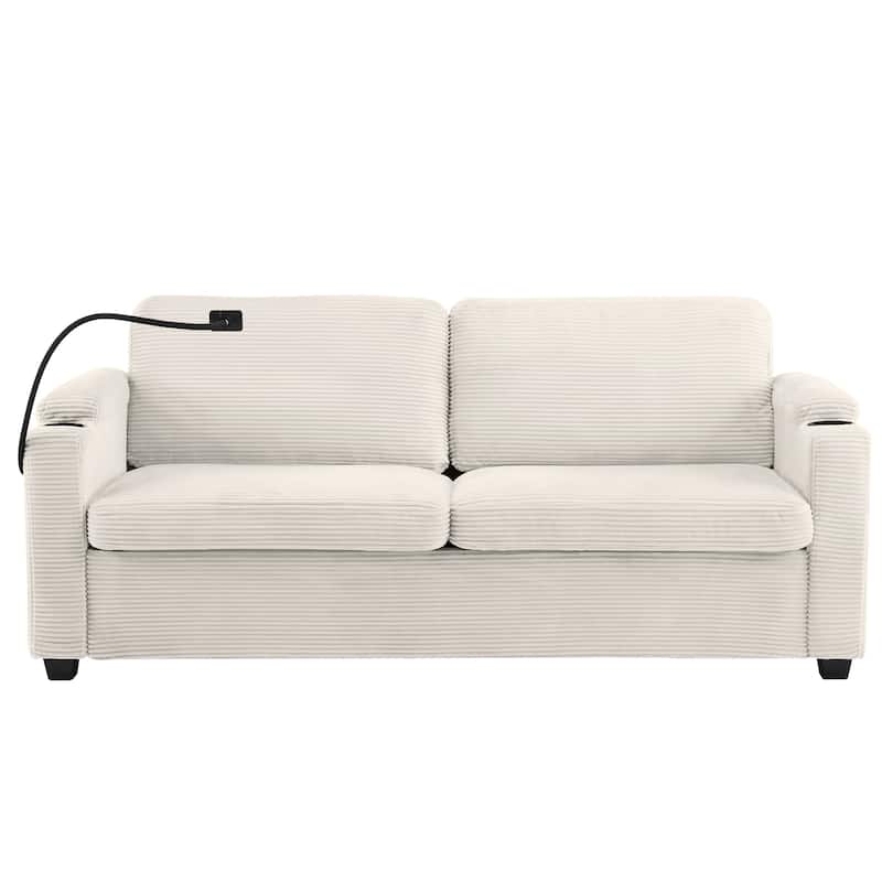 72.8" Corduroy Sleeper Sofa with Full Size Mattress and USB Ports, Loveseat Sofa with Cup Holders and Side Pockets