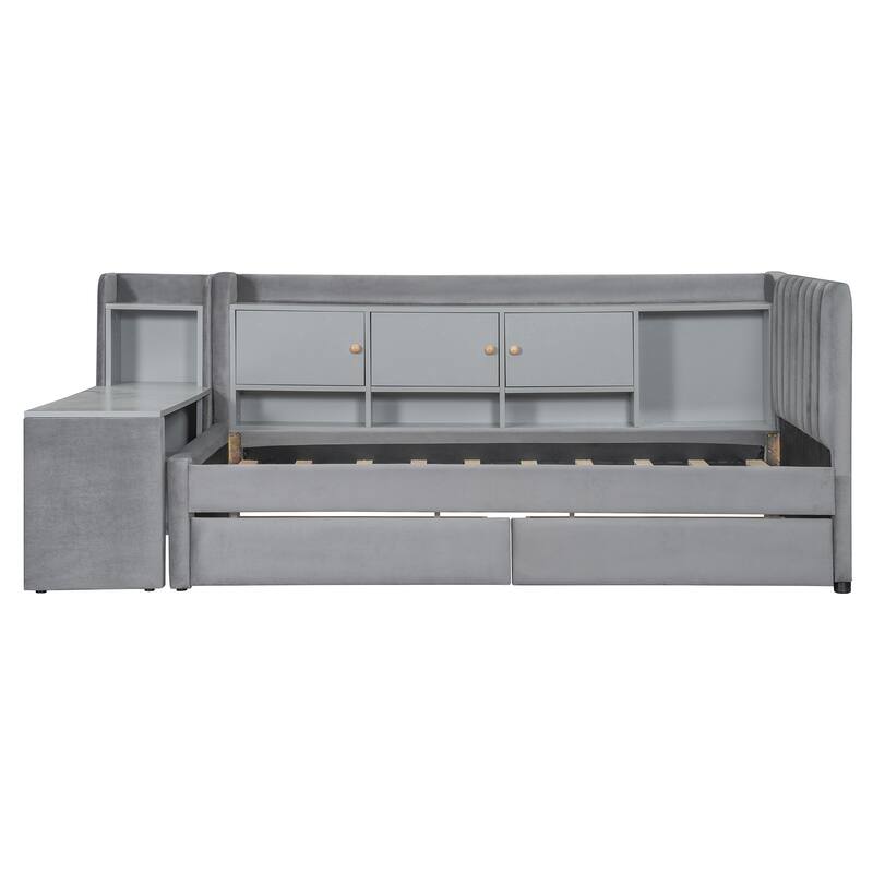 Twin Upholstered Daybed with Drawers, Shelves, Flip Cabinets & Side Table in Gray