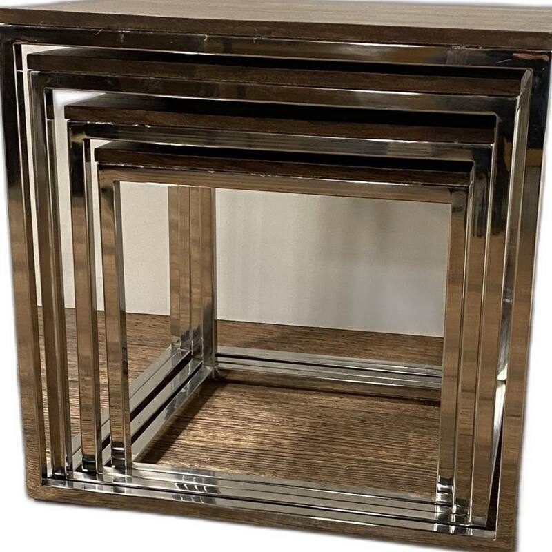 Natural Brown Solid Wood Rectangular Nesting Tables with Silver Stainless Steel Bases Set of 4
