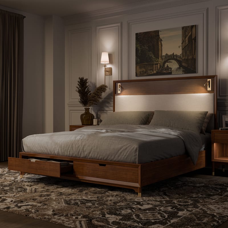Furniture of America Forma Mid-Century Modern Walnut Boucle Storage Platform Bed with LED Reading Light