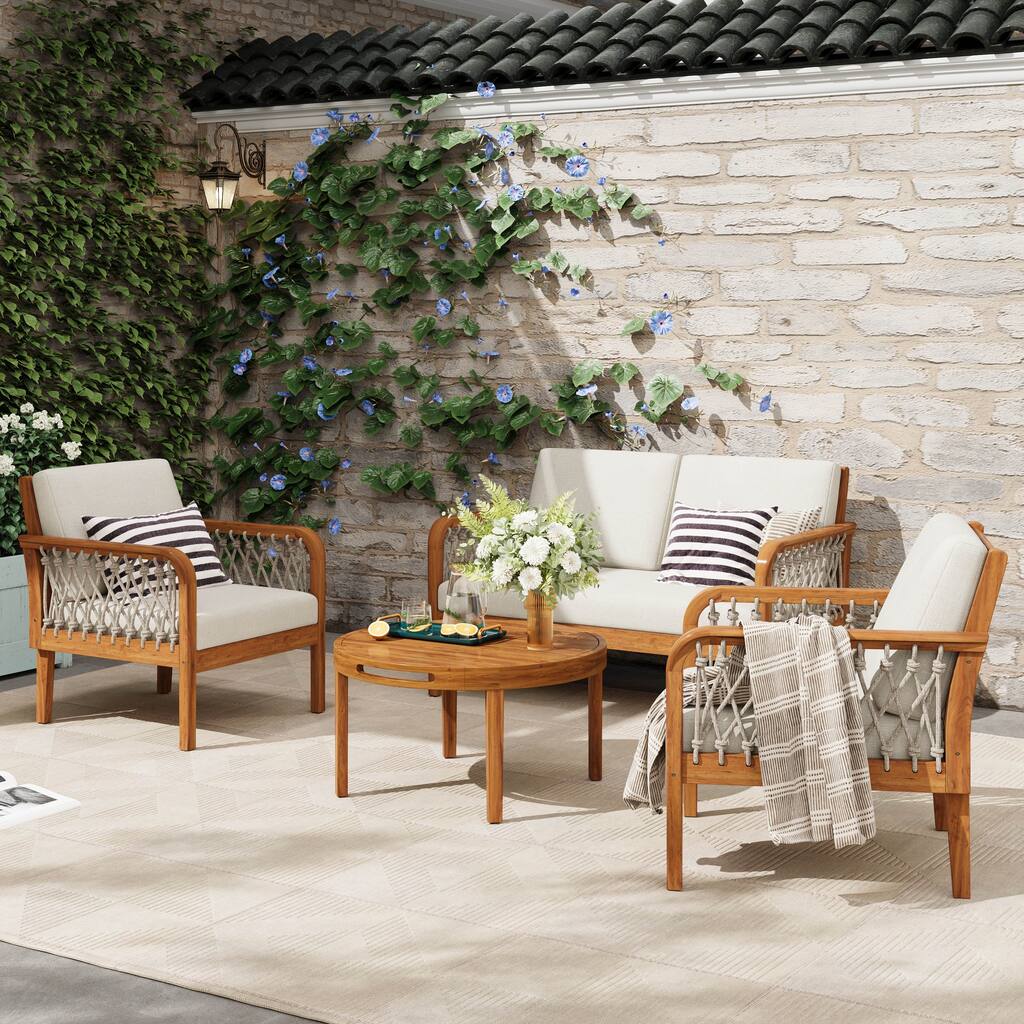 Christopher Knight Home - Outdoor 4-Piece Chat Set with Acacia Loveseat, Armchairs & Coffee Table, Handwoven Rope Accents