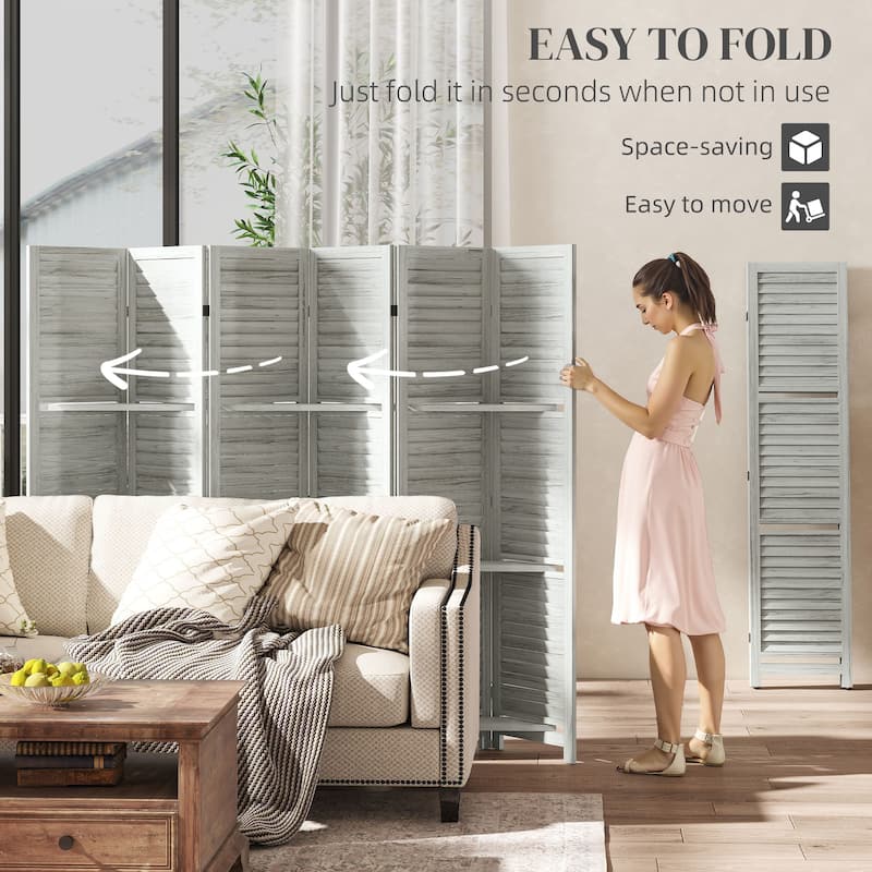 HOMCOM Room Divider, 6 Panel 67" Tall Wood Privacy Screen with 3 Display Shelves, and Folding Storage for Bedroom, Gray