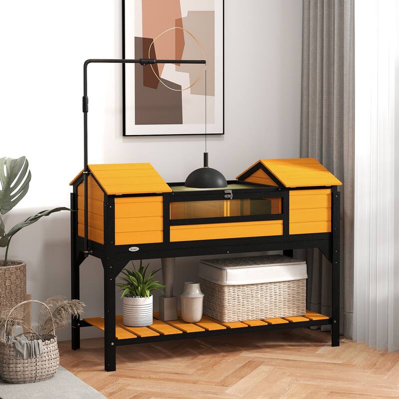 PawHut Tortoise Habitat with Adjustable Lamp Holder, Wooden Tortoise Enclosure with Storage Shelf, Dual Main Houses