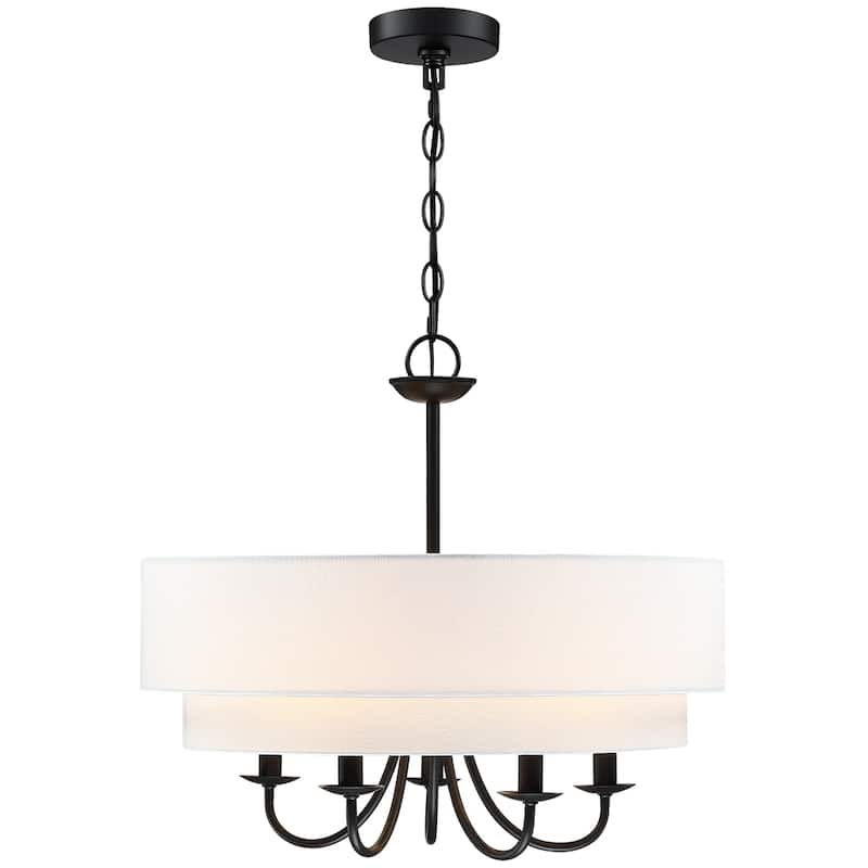 Martina 5-Light Black Chandelier Light with White Double Drum Shade - 21.5"W